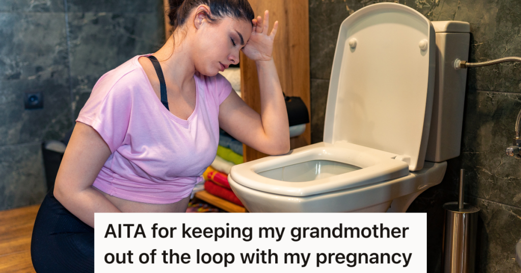 sick pregnant woman kneeling next to toilet