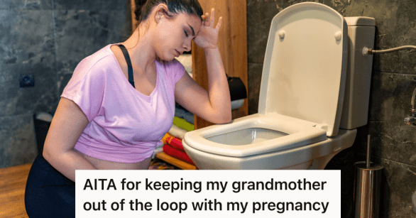 sick pregnant woman kneeling next to toilet