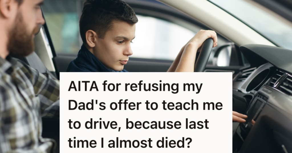 dad teaching teenage boy to drive