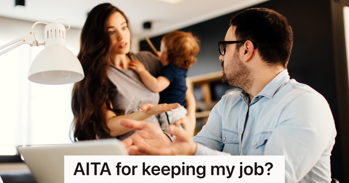 woman holding baby arguing with man working on laptop