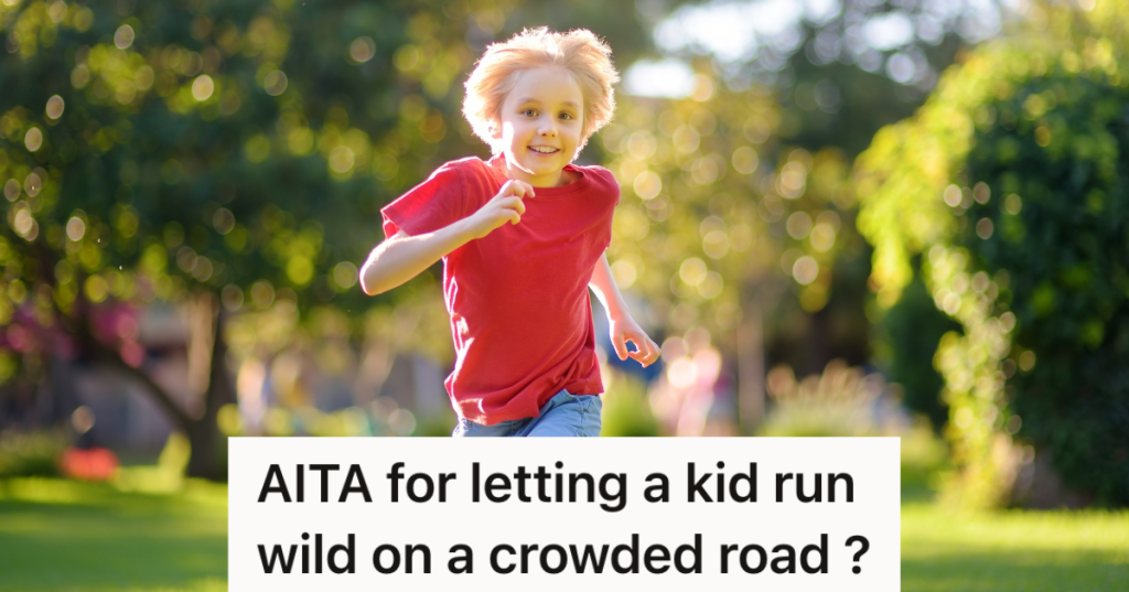 happy boy in red t-shirt running outside