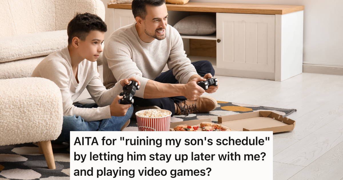 father and son eating pizza and popcorn while playing video games