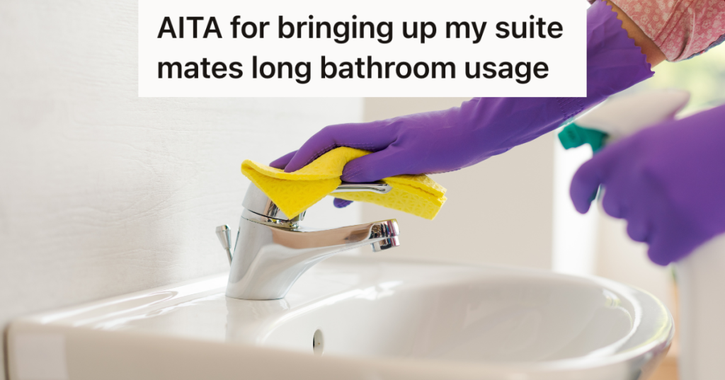 woman's hand in purple gloves cleaning bathroom sink