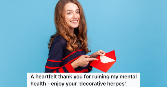 young woman pointing at a card in a red envelope