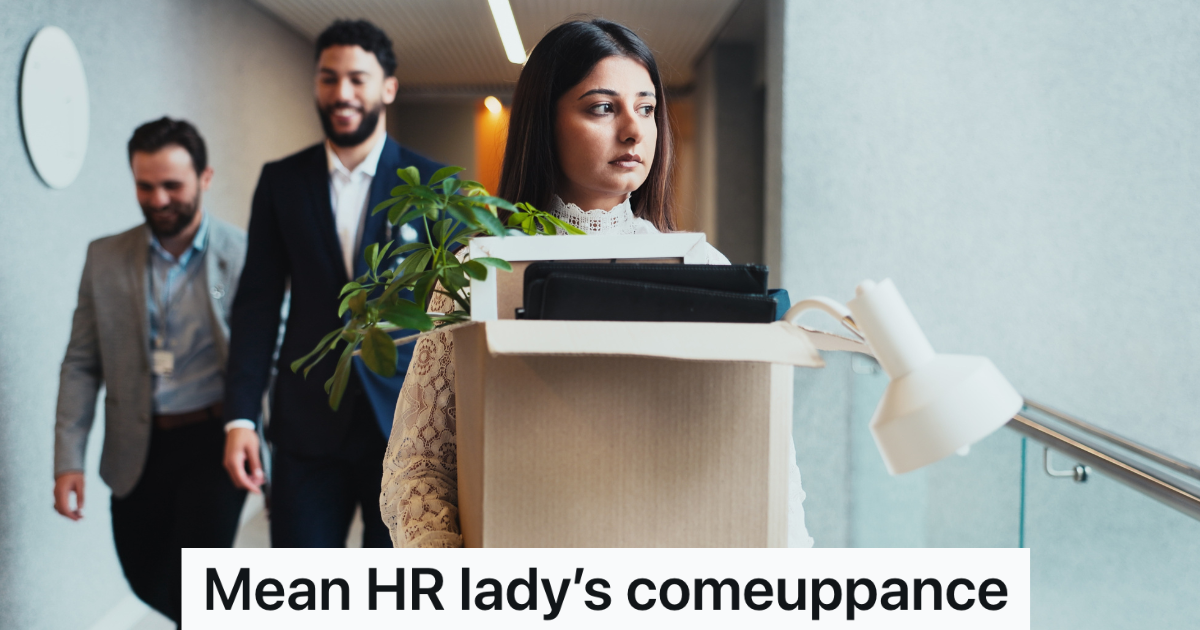 New HR Director Decides To Get Rid Of Morale Boosting Traditions And Make A Spectacle Out Of Firing Employees, So When She Gets Fired, They Treat Her The Same Way sad woman holding a box of belongings while two men behind her smile