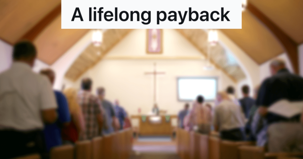 A blurred photo of the inside of a church sanctuary that is filled with people
