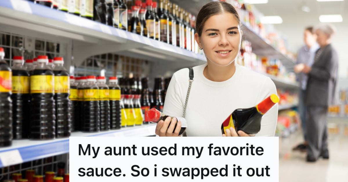 woman in grocery store holding two bottles of soy sauce