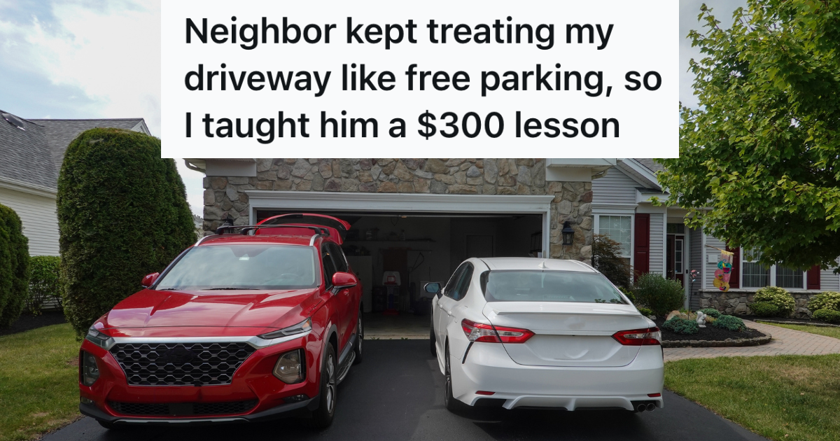 Neighbors Friends And Family Keep Parking In This Guys Driveway, So He Calls A Tow Truck two cars parked in residential driveway