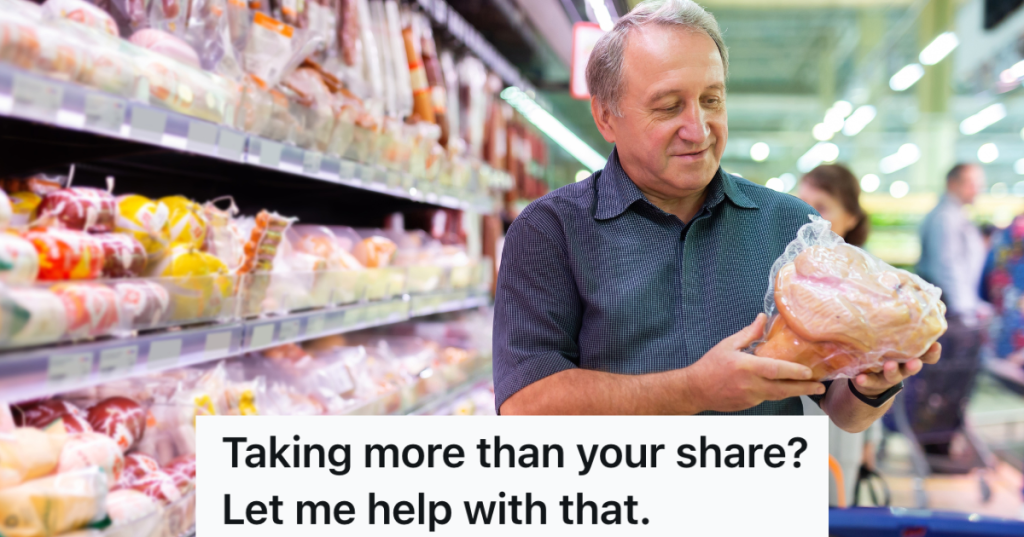 elderly man in grocery store holding package of raw chicken