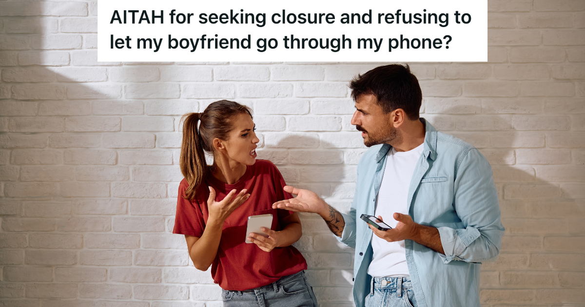 couple arguing while holding cell phones