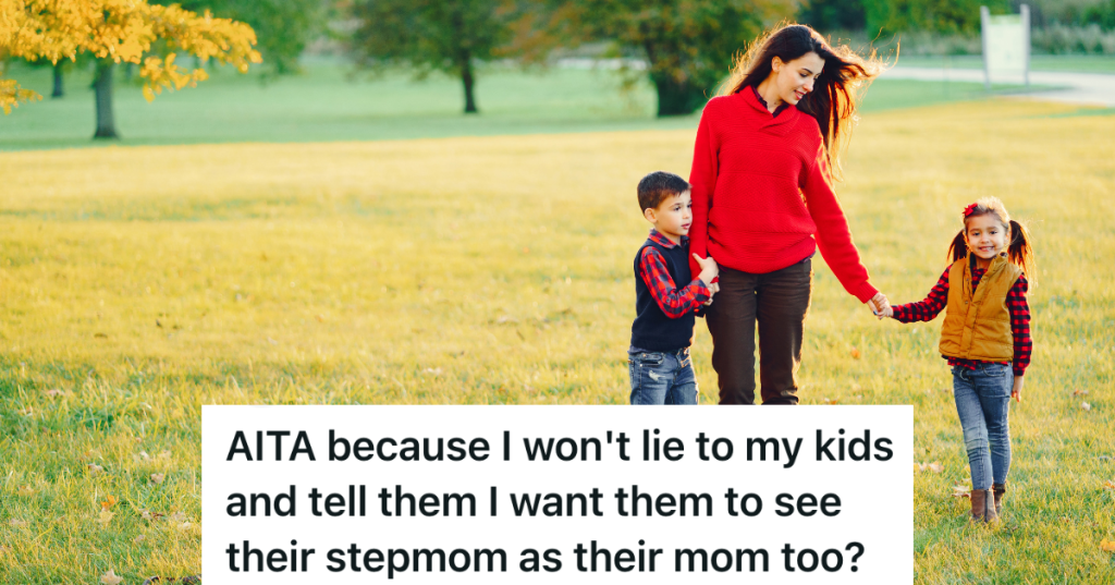 mom walking outside with two kids in the fall