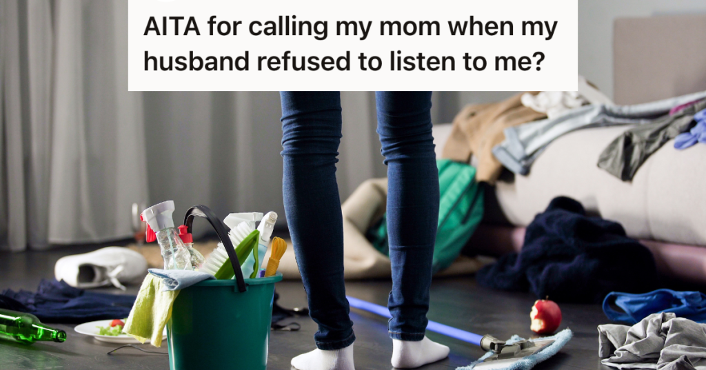woman standing in messy room with cleaning supplies