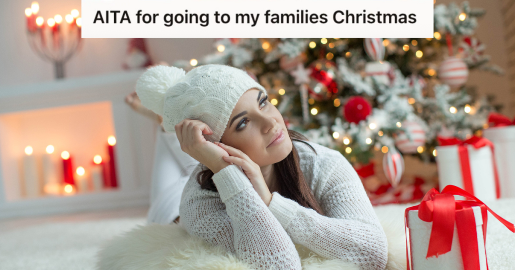woman wearing white lying on the floor with christmas tree behind her