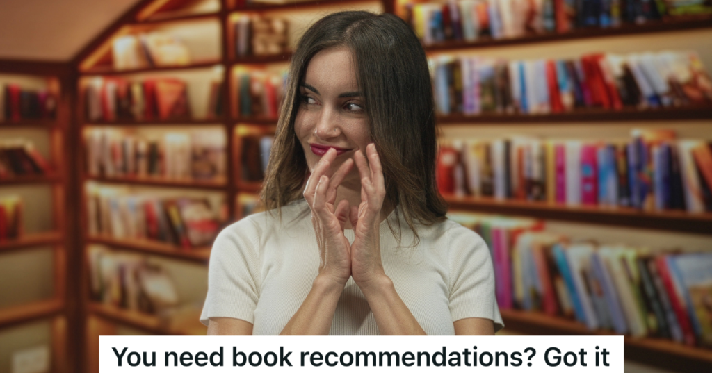 woman in bookstore tapping her fingers together