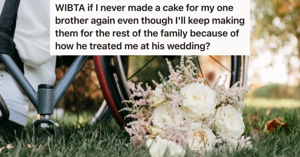 white wedding bouquet in the grass next to a wheelchair