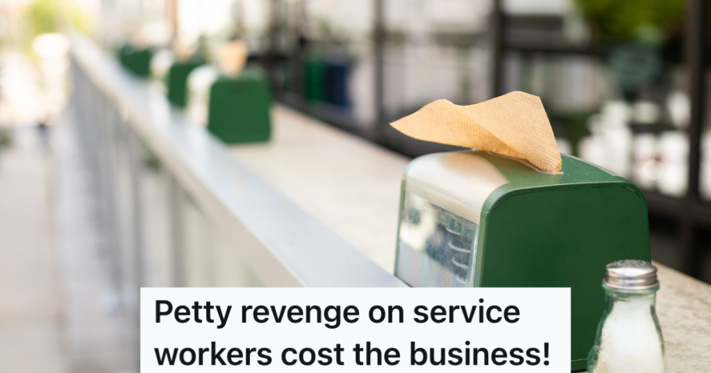 green napkin dispenser and salt shaker on a outdoor counter at a fast food restaurant