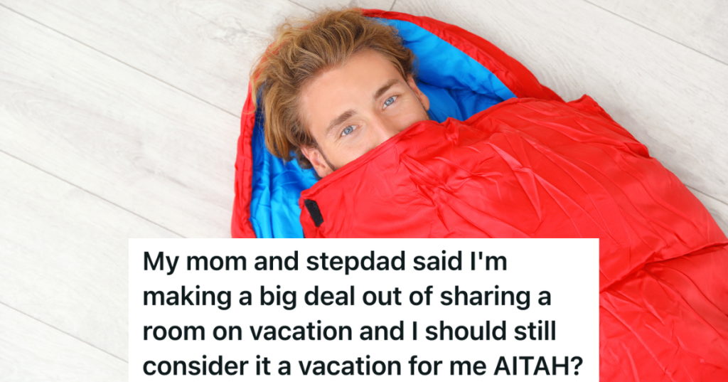 man in red sleeping bag on the floor