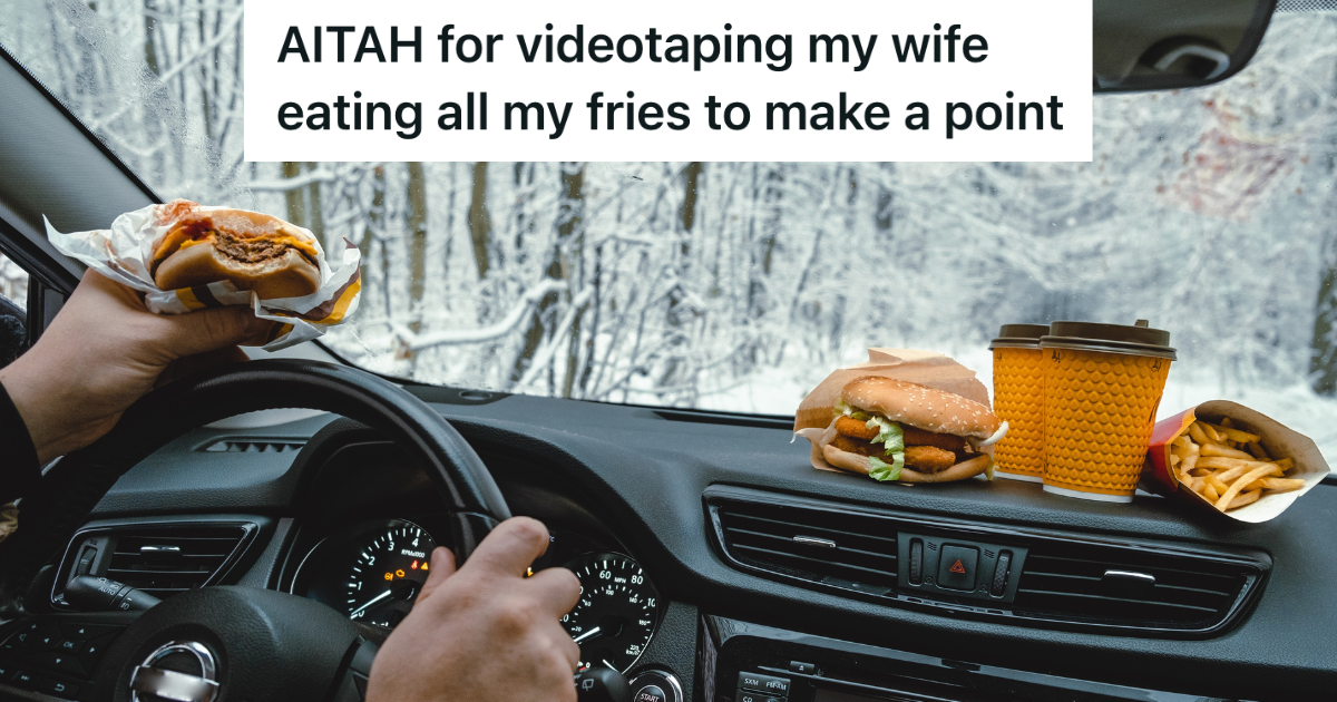 Husband Is Annoyed That His Wife Eats All Of His Fries, So He Records Her Eating The Fries To Prove A Point eating fast food in a car on a snowy day