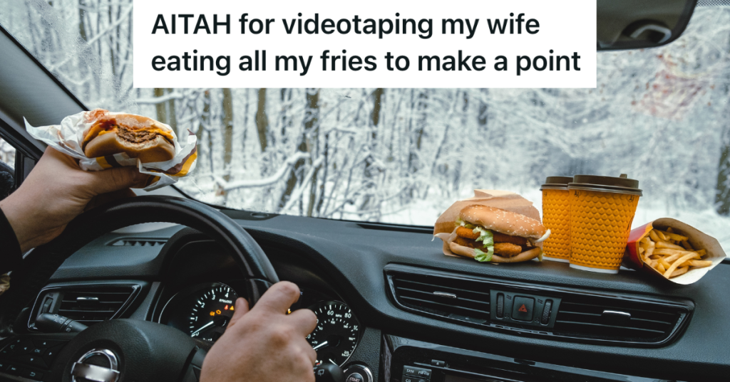 eating fast food in a car on a snowy day