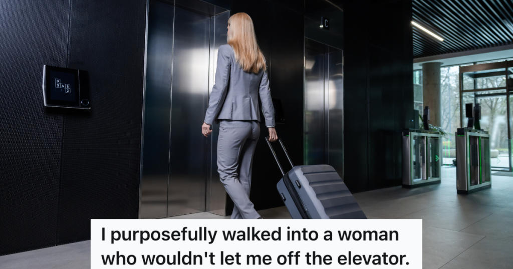 business woman with suitcase walking up to elevator