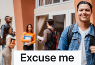Inconsiderate Student Stands In Classroom Doorway, So Another Student Hits Him With His Backpack While Walking Into Class