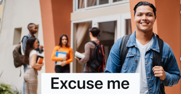 smiling college student wearing backpack with other students in the background