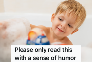 Little Boy Likes To Splash In The Bathtub, So His Frustrated Mom Lets Him Splash But Uses His Towel To Dry Herself Off