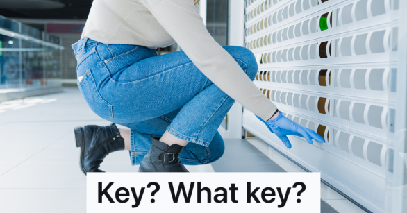Woman in gloves closes the roller blinds of a store at a shopping mall