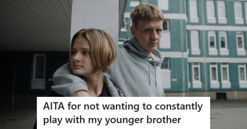 Older teen brother holding his arm around the neck of his younger sibling