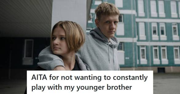 Older teen brother holding his arm around the neck of his younger sibling