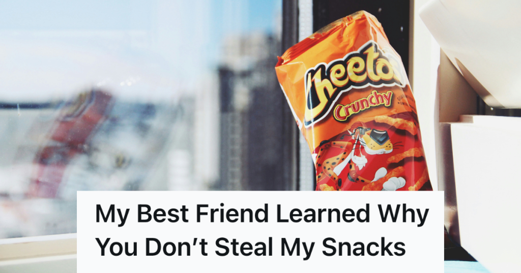 bag of cheetos sitting on windowsill