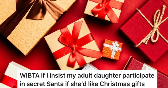 christmas gifts in red and gold wrapping paper and bows