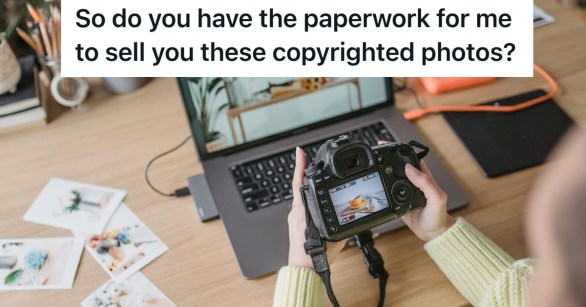 Person looking at photos in camera, laptop, and prints