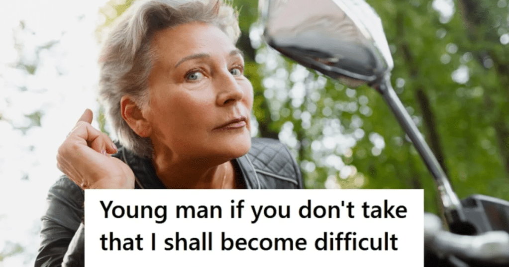 Older woman with stern look outside