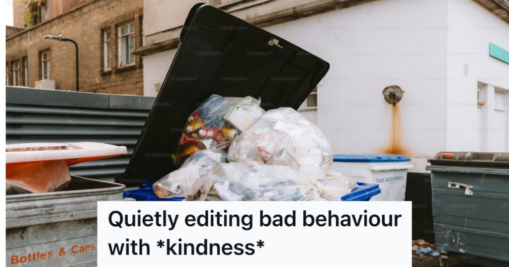 Overflowing trash bin outside some houses