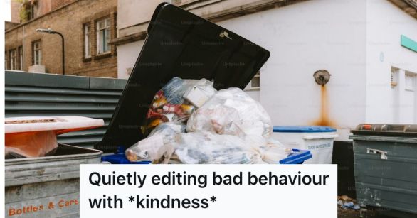 Overflowing trash bin outside some houses
