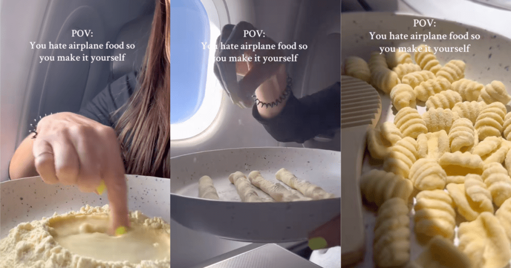 woman making pasta on a plane