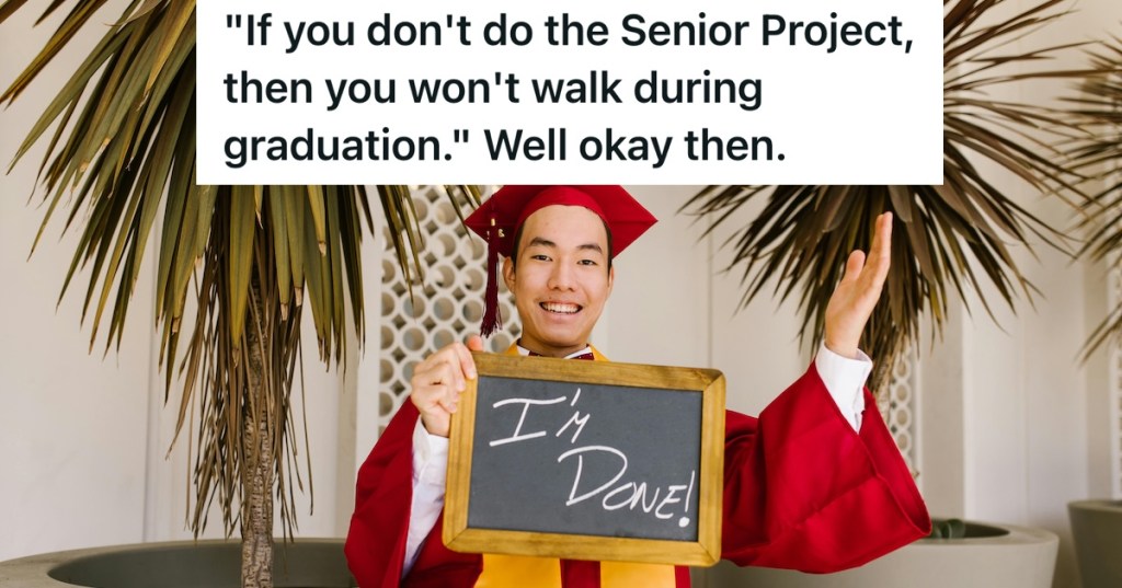 Man in graduation gown and cap, holding a sign that says "I'm done"