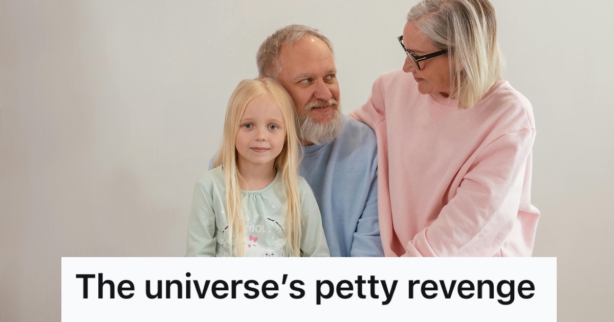 Older man looking at older woman while holding a little girl