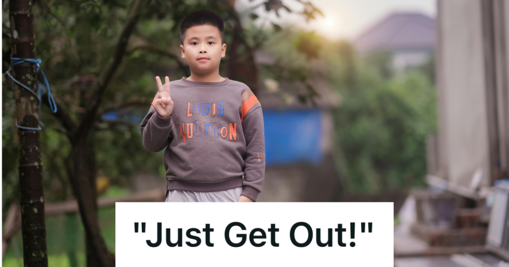 kid making peace sign outside
