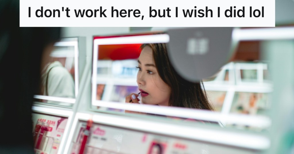 Woman trying on makeup in a makeup store