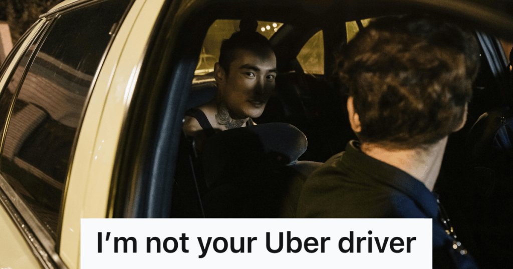 man looking back at passenger in back seat