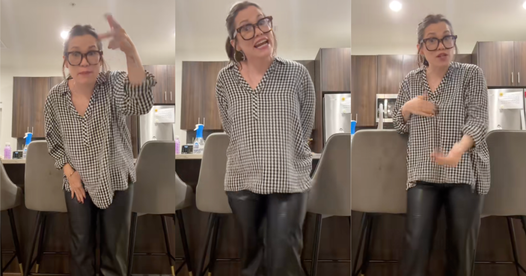 woman talking about her pants