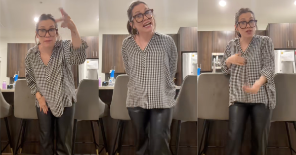 woman talking about her pants