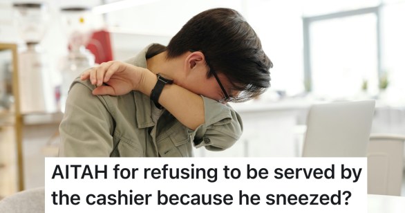 Person sneezing into their elbow