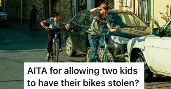 two boys riding bicycles