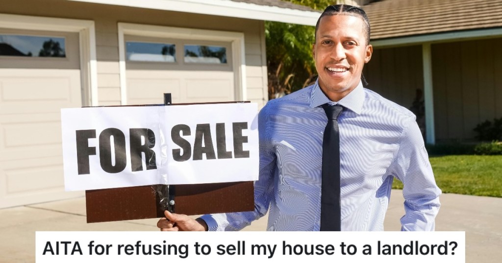 man standing in front of house holding sign that reads "for sale"