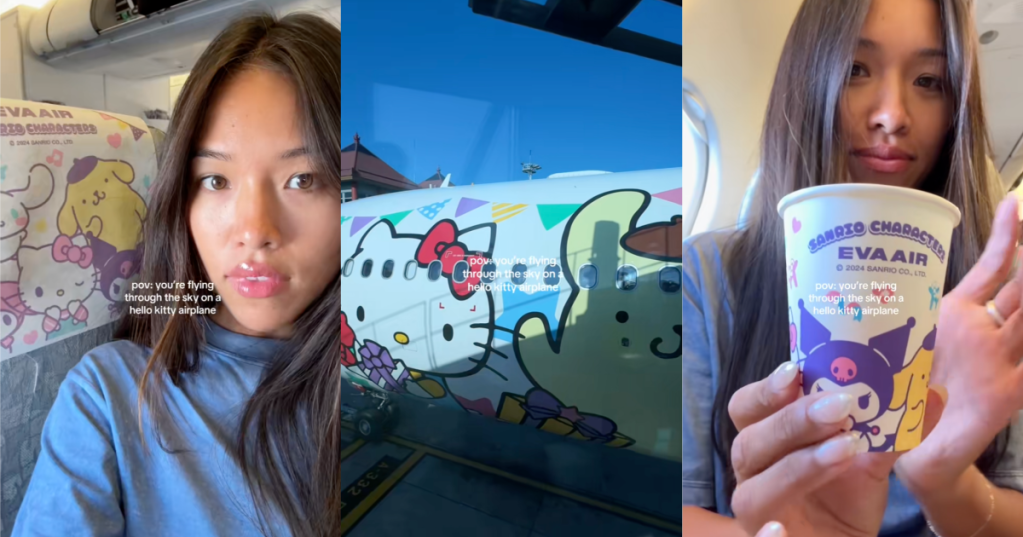 woman on a hello kitty plane