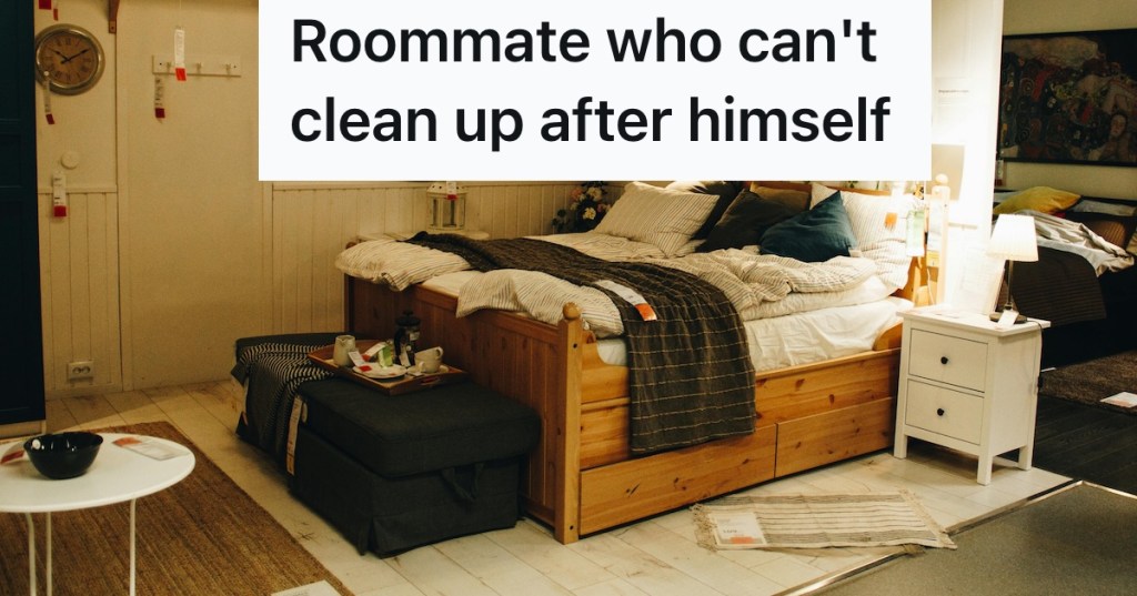 Messy bedroom with dishes lying around