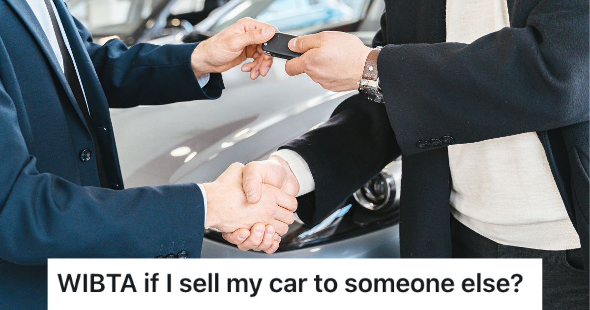 two men shaking hands and handing over a car key.
